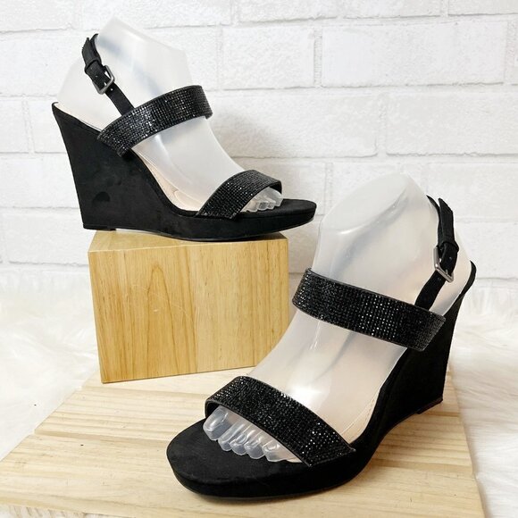 Nina Adila Black Wedge Rhinestone Slingback Open Toe Sandal Women's Size 9M - Picture 2 of 9